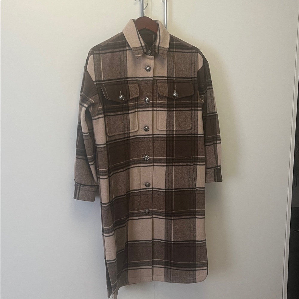 Ikks Women’s Plaid Wool Oversized Knee Length Coat Sz XS but fits like a S/M